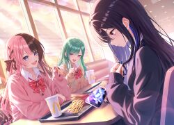 3girls absurdres black_hair black_nails black_sweater blue_eyes blue_hair blue_nails bow bowtie braid brown_bow brown_hair brown_sweater cellphone collared_shirt commentary_request cup disposable_cup fast_food food french_fries green_hair hair_bow highres holding holding_cup holding_food holding_phone ichinose_uruha indoors long_sleeves mcdonald's multicolored_hair multiple_girls open_mouth phone pink_hair pink_nails pink_sweater purple_nails red_bow red_bowtie sasamisable shirt sitting smartphone split-color_hair streaked_hair sweater tachibana_hinano teeth two-tone_hair upper_teeth_only violet_eyes virtual_youtuber vspo! white_shirt yakumo_beni 