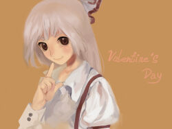  1girl 4oop blush bow brown_background brown_eyes closed_mouth collared_shirt commentary english_text fujiwara_no_mokou grey_hair hair_bow hand_up juliet_sleeves long_hair long_sleeves looking_at_viewer pointing pointing_at_self puffy_sleeves shirt simple_background smile solo suspenders touhou untranslatable_commentary upper_body valentine white_shirt 