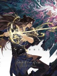  1girl black_hair black_robe blue_robe fighting_stance from_side hair_bun highres holding holding_sword holding_weapon long_hair looking_to_the_side magic namgung_minyoung nicayuko omniscient_reader's_viewpoint robe serious sleeves_rolled_up solo sword two-tone_robe weapon 