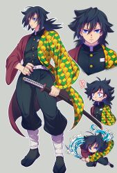  !? 1boy belt black_hair black_jacket black_pants black_socks blue_eyes buttons chibi closed_mouth commentary_request demon_slayer_uniform full_body gold_buttons hair_between_eyes haori high_collar highres holding holding_sword holding_weapon jacket japanese_clothes kakusiinuko katana kikkoumon kimetsu_no_yaiba long_hair looking_at_viewer low_ponytail male_focus multiple_views outline pants ponytail print_haori red_haori sandals simple_background socks spiky_hair standing sword tomioka_giyuu upper_body water weapon white_belt white_outline 