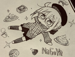  1girl artoria_pendragon_(fate) beret blush braid bread bread_slice chibi closed_mouth collared_shirt commentary_request dutch_angle fate/grand_order fate_(series) food food_request glasses hair_bun hat kasuga_yuuki long_sleeves mysterious_heroine_x_alter_(fate) outstretched_arms photo_(medium) puffy_long_sleeves puffy_sleeves semi-rimless_eyewear shirt shoes shorts solo sparkle spread_arms sweater_vest thigh-highs toast traditional_media under-rim_eyewear 