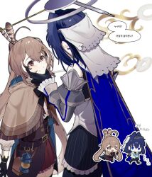  2girls belt belt_pouch blue_cape blue_hair bow bow_earrings brown_capelet brown_cloak cape capelet chain chain_headband chibi chibi_inset cloak detached_sleeves earrings emimhok eye_contact feather_hair_ornament feathers hair_intakes hair_ornament hand_on_another's_face highres holocouncil hololive hololive_english holopromise jewelry lantern looking_at_another multiple_girls nanashi_mumei nanashi_mumei_(1st_costume) ouro_kronii ouro_kronii_(1st_costume) pouch puffy_sleeves ribbon_earrings speech_bubble squeezing_cheeks sweatdrop veil virtual_youtuber white_veil 