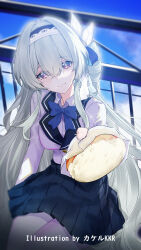  1girl alternate_costume artist_name black_skirt blue_bow blue_bowtie bow bowtie chinese_commentary closed_mouth commentary_request eating firefly_(honkai:_star_rail) food graphia_academy_school_uniform grey_hair hair_between_eyes hair_ornament hairband highres holding holding_food honkai:_star_rail honkai_(series) incoming_food long_hair long_sleeves looking_at_viewer outdoors school_uniform shirt skirt smile srpzk white_shirt 