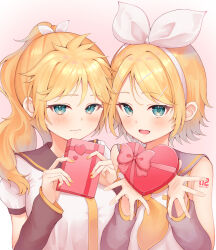  2girls aqua_eyes black_sleeves blonde_hair blush bow box breasts closed_mouth commentary genderswap genderswap_(mtf) gift hair_ribbon hairband heart-shaped_box highres hisui_ame holding holding_box holding_gift kagamine_len kagamine_lenka kagamine_rin long_hair multiple_girls neckerchief necktie open_mouth pink_bow ponytail ribbon shirt smile vocaloid white_hairband white_ribbon white_shirt yellow_nails yellow_neckerchief yellow_necktie 