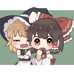  2girls apron ascot back_bow black_hat black_skirt black_vest blonde_hair blush bow brown_eyes brown_hair chibi chibi_only closed_eyes commentary_request cup detached_sleeves eating food frilled_bow frilled_hair_tubes frills hair_bow hair_tubes hakurei_reimu hat hat_bow highres holding holding_cup kirisame_marisa long_hair multi-source_commentary multiple_girls open_mouth red_bow red_skirt senbei skirt skirt_set steam touhou twitter_username uzuki_(amayadori) vest waist_apron white_apron white_bow witch_hat yellow_ascot yunomi 