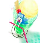  &#9320; blue_eyes blue_hair bow cirno cup food heihachi heihachi_(artist) ice_cream in_container in_cup in_food minigirl short_hair straw sundae touhou 