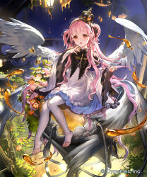  1girl :o brown_eyes brown_flower character_request crown dress dripping feathered_wings finger_to_mouth flower hand_up highres layered_sleeves liiko long_hair long_sleeves looking_at_viewer mini_crown no_shoes official_art pantyhose parted_lips pink_hair puffy_short_sleeves puffy_sleeves shadowverse shadowverse:_worlds_beyond short_over_long_sleeves short_sleeves sitting sleeves_past_wrists solo tilted_headwear toeless_legwear two_side_up very_long_hair white_dress white_flower white_pantyhose white_wings wide_sleeves wings 