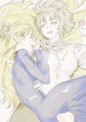  2girls :d ^_^ blonde_hair blue_dress blush closed_eyes commentary_request dress dungeon_meshi elf falin_touden falin_touden_(tallman) gapamopa hand_in_another's_hair highres korean_commentary long_hair lying lying_on_person marcille_donato multiple_girls on_back on_side pointy_ears short_hair smile watermark 