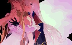  2girls absurdres aurora_(fate) black_background blonde_hair cape circlet closed_eyes dress fairy fairy_wings fate/grand_order fate_(series) gloves hair_between_eyes hair_ornament hairclip highres hug hug_from_behind jewelry long_hair melusine_(fate) multiple_girls necklace open_mouth pointy_ears qiminghaonan99820 simple_background upper_body white_hair wings yuri 