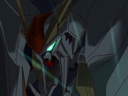  absurdres commentary derivative_work english_commentary glowing glowing_eyes green_eyes gundam gundam:_hathaway's_flash highres huancheng_h.c mecha mecha_focus mobile_suit night no_humans portrait robot science_fiction upper_body v-fin xi_gundam 