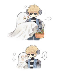  ... 2boys basket black_sclera blonde_hair blue_pants blue_vest brown_eyes closed_eyes colored_sclera cyborg denim frankenstein's_monster_costume genos ghost_costume hair_between_eyes halloween halloween_costume highres holding holding_basket ie_(nyj1815) jeans male_focus multiple_boys object_through_head one-punch_man pants saitama_(one-punch_man) scar scar_across_eye scar_on_face screw_in_head sheet_ghost shirt simple_background sleeveless sleeveless_shirt spoken_ellipsis striped_clothes striped_shirt vest white_background 