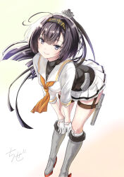  1girl absurdres black_hair blue_eyes boots bow character_request chize commentary_request dress gloves highres kantai_collection long_hair looking_at_viewer orange_bow simple_background smile solo standing teeth white_gloves 