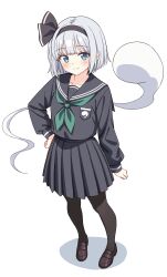  1girl alternate_costume black_hairband black_sailor_collar black_serafuku black_shirt black_skirt blue_eyes blush brown_pantyhose brown_shoes closed_mouth commentary_request contemporary full_body green_neckerchief grey_hair hairband hand_on_own_hip highres hitodama konpaku_youmu konpaku_youmu_(ghost) loafers long_sleeves looking_at_viewer medium_hair neckerchief pantyhose pleated_skirt sailor_collar school_uniform serafuku setteiset shadow shirt shoes simple_background skirt smile solo touhou 