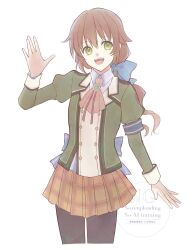  1girl :d aono_(aonocrotowa) arm_up ascot back_bow black_pantyhose blue_bow blue_ribbon bow brooch brown_hair brown_skirt buttons cropped_legs double-breasted double-parted_bangs eiyuu_densetsu gem green_eyes green_gem green_jacket hair_between_eyes hair_ribbon highres jacket jewelry long_hair long_sleeves looking_at_viewer open_hand open_mouth pantyhose pink_ascot plaid_clothes plaid_skirt puffy_long_sleeves puffy_sleeves ribbon school_uniform sen_no_kiseki_(series) sen_no_kiseki_i simple_background skirt smile solo thors_military_academy_school_uniform towa_herschel watermark waving white_background 