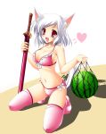  bikini bow_bra bra breasts cleavage food frills fruit inubashiri_momiji kamiya_tomoe large_breasts lingerie open_mouth pink_legwear red_eyes sheath sheathed short_hair side-tie_bikini swimsuit swimsuit sword tail thigh-highs thighhighs touhou underwear watermelon weapon white_hair wolf_ears 