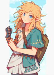  1boy archaic_set_(zelda) blonde_hair blue_eyes blue_sky body_markings clenched_hand closed_mouth clouds hair_between_eyes link long_hair looking_at_viewer male_focus messy_hair pointy_ears shield shield_on_back single_sleeve sky solo the_legend_of_zelda the_legend_of_zelda:_tears_of_the_kingdom tunic upper_body wusagi2 