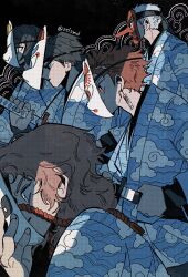  1girl 4boys black_background blue_kimono bright_pupils brown_eyes closed_mouth cloud_print commentary_request earrings fox_mask hanafuda_earrings highres holding holding_mask holding_sword holding_weapon japanese_clothes jewelry kamado_tanjirou katana kimetsu_no_yaiba kimono long_hair makomo_(kimetsu) mask multiple_boys profile red_mask sabito_(kimetsu) short_hair sword tengu_mask tomioka_giyuu twitter_username upper_body urokodaki_sakonji weapon white_pupils zelzmd 