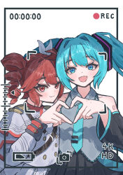  2girls :3 absurdres aqua_eyes aqua_hair aqua_necktie aqua_trim battery_indicator black_skirt black_sleeves bow buttons detached_sleeves dot_nose double-parted_bangs drill_hair four-finger_heart_hands grey_jacket grey_shirt grey_skirt hair_bow hair_intakes happy hatsune_miku heart heart_hands heart_hands_duo highres jacket kasane_teto kasane_teto_(sv) light_blush long_sleeves looking_at_viewer multiple_girls necktie number_tattoo pleated_skirt recording red_eyes red_hair red_trim shirt shoulder_belt shoulder_boards shoulder_tattoo sidelocks skirt smile soba_magatami synthesizer_v tattoo tie_clip twin_drills upper_body utau viewfinder vocaloid white_bow wing_collar 