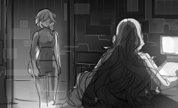 2girls amyucheu buruma computer faceless faceless_female fu_hua greyscale highres honkai_(series) honkai_impact_3rd lab_coat laboratory long_hair long_sleeves mobius_(honkai_impact) mobius_(pre-surgery)_(honkai_impact) monitor monochrome multiple_girls navel sports_bra wavy_hair 