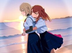  2girls beach black_shirt blonde_hair blue_skirt brown_eyes closed_mouth commentary_request couple cowboy_shot evening from_side horizon hug hug_from_behind layered_sleeves long_skirt long_sleeves looking_at_another medium_hair meteor_animation multiple_girls ocean outdoors pleated_skirt profile red_hair sailor_collar shirt short_hair short_over_long_sleeves short_sleeves skirt smile straight_hair sun sunset undershirt watashi_wo_tabetai_hitodenashi waves white_sailor_collar white_shirt yaotose_hinako yashiro_miko yellow_eyes yuri 