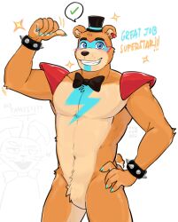  1boy absurdres blue_eyes blush bow bowtie bracelet claws earrings english_text fangs five_nights_at_freddy's five_nights_at_freddy's:_security_breach furry furry_male glamrock_freddy grin hand_on_own_hip hat highres jewelry nail_polish pointing pointing_at_self single_earring smile sparkle speech_bubble spiked_bracelet spikes spoken_checkmark top_hat vanny_(fnaf) vuwvum white_background 