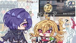  !? 2girls ? ahoge black_cloak blonde_hair bubble_tea chalky_(zenless_zone_zero) cissia_(zenless_zone_zero) cloak closed_mouth commentary_request crescent crescent_earrings cup drinking_straw earrings game_screenshot_inset hair_between_eyes hair_ornament hair_over_one_eye hairclip holding holding_cup jewelry looking_at_another multiple_girls open_mouth pom_pom_(clothes) pom_pom_hair_ornament promeia_(zenless_zone_zero) red_eyes screenshot_inset snake snake_girl snake_tail tail usagiii_e violet_eyes white_snake zenless_zone_zero 