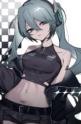  1girl absurdres aqua_hair arm_tattoo barcode barcode_tattoo belt belt_buckle black_belt buckle commentary_request crop_top cropped_shirt h444 halterneck hatsune_miku headphones highres jacket long_hair midriff navel navel_piercing piercing pubic_tattoo short_shorts shorts solo tattoo twintails very_long_hair vocaloid 