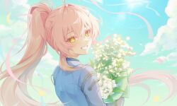  1girl aemeath_(student)_(wuthering_waves) aemeath_(wuthering_waves) bouquet commentary confetti day from_behind green_sky grin hair_intakes hair_ornament holding holding_bouquet jacket long_hair looking_at_viewer looking_back orange_eyes outdoors pink_hair pong_(vndn124) ponytail purple_jacket sky smile solo star-shaped_pupils star_(symbol) symbol-shaped_pupils untranslatable_commentary upper_body wuthering_waves 