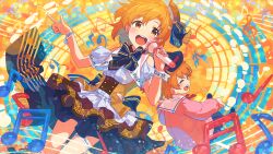  2girls :d aged_down bass_clef beamed_sixteenth_notes blue_bow blue_bowtie bow bowtie card_commentary commentary_request dress dual_persona eighth_note frilled_dress frills game_asset holding holding_microphone idolmaster idolmaster_million_live! idolmaster_million_live!_theater_days layered_dress microphone multiple_girls musical_note musical_staff musical_staff_print official_alternate_costume official_art open_mouth orange_eyes orange_hair print_dress print_wrist_cuffs puffy_short_sleeves puffy_sleeves sharp_sign short_hair short_sleeves smile striped_bow striped_bowtie striped_clothes third-party_source treble_clef white_wrist_cuffs wrist_cuffs yabuki_kana 