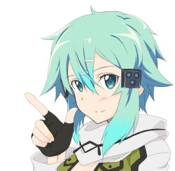  1girl aqua_eyes aqua_hair asagi501 black_gloves black_trim closed_mouth commentary_request double-parted_bangs finger_gun fingerless_gloves gloves green_jacket hair_between_eyes hair_ornament hairclip hand_up highres jacket light_blush long_sleeves looking_at_viewer medium_hair messy_hair multicolored_jacket open_clothes open_jacket scarf sidelocks simple_background sinon slit_pupils smile solo split_mouth sword_art_online textless_version two-tone_jacket upper_body white_background white_jacket white_scarf 