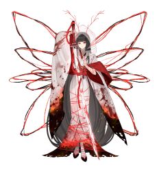  1girl absurdres antennae arm_up black_hair blood blood_on_clothes blood_on_sleeves blood_on_weapon blunt_bangs burnt_clothes butterfly_ornament butterfly_wings closed_mouth commentary_request embers expressionless fake_antennae full_body great_trichiliocosm_(e.g.o) hand_up highres holding holding_sword holding_weapon insect_wings japanese_clothes kimono korean_commentary limbus_company long_hair long_sidelocks long_sleeves looking_to_the_side lopwolpertinger project_moon red_eyes red_sash ryoshu_(project_moon) sash see-through_clothes see-through_veil shiromuku sidelocks simple_background solo standing string string_of_fate sword uchikake veil very_long_hair waist_sash wataboushi weapon white_background white_kimono wide_sleeves wings 