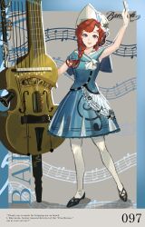  1girl :d arm_up barcarola_(reverse:1999) beamed_eighth_notes black_shoes blue_border blue_eyes blue_shirt blue_skirt border bow_(music) character_name character_signature commentary crackling_box_(reverse:1999) dixie_cup_hat english_text fragrance_(freakyduck9000) full_body gloves grey_background hat highres holding holding_bow_(music) instrument legs_apart long_braid military_hat miniskirt musical_note musical_note_print musical_staff open_mouth pantyhose quarter_note red_hair reverse:1999 sailor_collar shirt shoes skirt sleeveless sleeveless_shirt smile solo treble_clef white_gloves white_hat white_pantyhose 