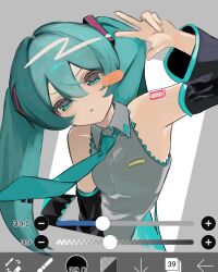  1girl aqua_eyes aqua_hair aqua_necktie aqua_trim art_program_in_frame black_skirt black_sleeves blush_stickers commentary_request detached_sleeves grey_shirt hair_between_eyes hair_ornament hatsune_miku highres long_hair mirin_sawa necktie no_nose number_tattoo pleated_skirt shirt shoulder_tattoo single_blush_sticker skirt sleeveless sleeveless_shirt solo tattoo twintails upper_body very_long_hair vocaloid wing_collar 
