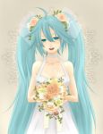  aqua_eyes bad_id blue_hair bouquet bride choker dress flower hatsune_miku highres ladybird8n long_hair moz smile twintails vocaloid wedding_dress 