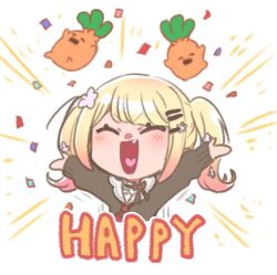  1girl \o/ arms_up black_bow black_bowtie blonde_hair bow bowtie brown_cardigan brown_sweater cardigan chibi closed_eyes commentary_request confetti cropped_torso english_text fang flower gradient_hair hair_flower hair_ornament hairclip happy heart heart_tongue highres hololive kurukuruseika momosuzu_nene momosuzu_nene_(casual) multicolored_hair neckerchief nekko_(momosuzu_nene) official_alternate_costume official_alternate_hairstyle open_mouth outstretched_arms pink_flower pink_hair red_neckerchief sidelocks smile solo sweater swept_bangs twintails virtual_youtuber 