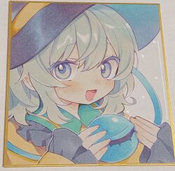  1girl :d black_hat blush collared_shirt commentary disembodied_linked_eye eyeball frilled_shirt_collar frilled_sleeves frills green_eyes green_hair hat highres komeiji_koishi long_sleeves looking_at_viewer moni_monico open_mouth photo_(medium) shikishi shirt smile solo touhou traditional_media wide_sleeves yellow_shirt 