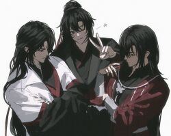  3boys apuuu_pp black_eyes black_hair black_hanfu bracelet butterfly_necklace chinese_clothes closed_mouth coat color_connection commentary creator_connection crossed_arms crossover eyepatch facial_mark forehead_mark grandmaster_of_demonic_cultivation hair_ribbon hand_up hanfu highres hua_cheng jewelry long_hair long_sleeves looking_at_another looking_at_viewer luo_binghe male_focus multiple_boys necklace one_eye_closed one_eye_covered parted_bangs ponytail red_hanfu red_ribbon renzha_fanpai_zijiu_xitong ribbon robe sidelocks silver_bracelet silver_necklace simple_background smile star_(symbol) tianguan_cifu upper_body v very_long_hair wavy_hair wei_wuxian white_background white_coat wide_sleeves 