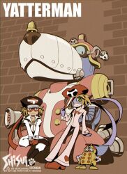  1boy 1girl artist_name bell black_hat blonde_hair blue_eyes blue_mask brown_hair closed_mouth commentary_request copyright_name dice eye_mask gloves green_eyes hand_on_headwear hand_up hat humanoid_robot jewelry jumpsuit kaminari_ai leaning_back looking_at_viewer mask mecha necklace newsboy_cap omotchama pink_jumpsuit red_gloves red_hat red_mask red_shirt red_shoes robot shirt shisui shoes sitting smile standing takada_gan time_bokan_(series) v_arms white_jumpsuit yatter-wan yatterman 