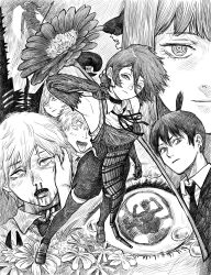  2girls 4boys angel_devil_(chainsaw_man) apron beam_(chainsaw_man) blood bomb_devil_(chainsaw_man) chainsaw_man choker dynamite explosive flower grenade_pin greyscale hair_between_eyes hayakawa_aki highres kkyong155426 makima_(chainsaw_man) monochrome multiple_boys multiple_girls nosebleed reze_(chainsaw_man) ringed_eyes shirt shoes shorts sleeveless sleeveless_shirt thigh-highs topknot 