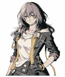  1girl aoi_(aoi306) black_gloves black_jacket breasts collarbone gloves grey_hair hair_between_eyes hand_on_own_hip honkai:_star_rail honkai_(series) jacket looking_at_viewer medium_hair open_clothes open_jacket shirt simple_background solo stelle_(honkai:_star_rail) trailblazer_(honkai:_star_rail) upper_body white_background white_shirt yellow_eyes 
