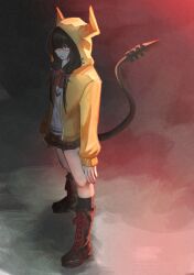  1girl absurdres asakura_karen_(heaven_burns_red) black_hair cat_tail glaring glowing heaven_burns_red highres hood hooded_jacket hoodie horned_hood horns jacket looking_at_viewer low_twintails orange_hoodie orange_jacket qyuro shirt tail twintails white_shirt 