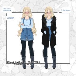 1girl absurdres alma_prisma_(lopartbymarah) black_coat black_pantyhose blonde_hair blue_eyes blue_shirt blush boots breasts closed_eyes coat collarbone crossed_arms dated denim english_text full_body fur-trimmed_coat fur_trim grey_boots highres long_hair lopartbymarah off-shoulder_shirt off_shoulder original pantyhose parted_bangs rwby shirt shorts signature solo speech_bubble suspender_shorts suspenders 