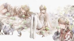  1girl absurdres apple arknights artist_name black_chemise bodysuit brown_hair chemise chenmo_mo_pie closed_mouth commentary elf food fruit green_apple highres holding holding_food holding_fruit jewelry laurel_crown long_hair looking_at_viewer mole mole_under_eye muelsyse_(arknights) multiple_views necklace orange_eyes pointy_ears sidelocks very_long_hair white_bodysuit 