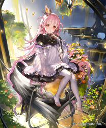  1girl :o brown_eyes brown_flower character_request commentary_request crown dress dripping finger_to_mouth flower hand_up highres layered_sleeves liiko long_hair long_sleeves looking_at_viewer mini_crown no_shoes official_art pantyhose parted_lips pink_hair puffy_short_sleeves puffy_sleeves shadowverse shadowverse:_worlds_beyond short_over_long_sleeves short_sleeves sitting sleeves_past_wrists solo tilted_headwear toeless_legwear two_side_up very_long_hair white_dress white_flower white_pantyhose wide_sleeves 