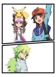  1girl 2boys baseball_cap black_vest denim denim_shorts hand_on_hilt hat hilbert_(pokemon) hilda_(pokemon) multiple_boys n_(pokemon) nyagiratwist open_clothes open_vest poke_ball_print pokemon pokemon_black_and_white shorts sketch vest 