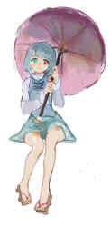  1girl 4oop blue_hair blue_skirt blue_vest closed_mouth commentary_request full_body geta grey_shirt hands_up heterochromia holding holding_umbrella invisible_chair long_sleeves looking_ahead looking_at_viewer medium_hair shirt simple_background sitting skirt solo straight-on tatara_kogasa touhou umbrella vest white_background 