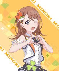  1girl :d armband armpits artist_name bow brown_hair buttons character_name clover clover_hair_ornament collared_shirt commentary dot_nose english_commentary frilled_armband frills grey_eyes hair_behind_ear hair_bow hair_ornament hanasato_minori hands_up heart heart_hands highres lapels leksenid long_hair looking_at_viewer medium_hair open_mouth orange_background orange_bow project_sekai shirt sleeveless sleeveless_shirt smile solo standing twitter_username two-tone_background two-tone_bow upper_body white_background white_bow white_shirt 