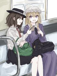  2girls :d bag black_bag black_hat black_ribbon black_skirt blonde_hair bow brown_eyes brown_hair collared_dress collared_shirt commentary contrast_collar dress green_bag hair_tie hat hat_bow highres holding holding_phone kashiwada_kiiho long_hair long_sleeves maribel_hearn medium_hair mob_cap multiple_girls neck_ribbon necktie open_mouth phone purple_dress red_necktie ribbon shirt sidelocks sitting skirt smile touhou train_interior usami_renko violet_eyes white_hat white_shirt window 
