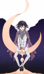  1boy :d absurdres black_hair black_jacket black_shoes blush buttons checkered_clothes checkered_scarf chen_yan commentary_request crescent_moon danganronpa_(series) danganronpa_v3:_killing_harmony double-breasted eyebrows_hidden_by_hair flipped_hair full_body highres jacket jacket_on_shoulders knees_apart_feet_together long_sleeves male_focus medium_hair moon oma_kokichi open_mouth pants sand scarf shirt shoes simple_background sitting sky smile solo spiky_hair star_(sky) starry_sky teeth tsurime upper_teeth_only upturned_eyes violet_eyes white_background white_pants white_shirt 