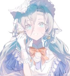  1girl 37_(reverse:1999) apron bell blue_dress blue_eyes blue_hair bow bowtie commentary dress food gloves grin hair_bell hair_between_eyes hair_ornament hand_up highres holding holding_food holding_ice_cream ice_cream low_twintails moo_(moo_1104) official_alternate_costume orange_bow orange_bowtie reverse:1999 short_sleeves smile solo twintails upper_body veil white_apron white_background white_gloves white_veil 